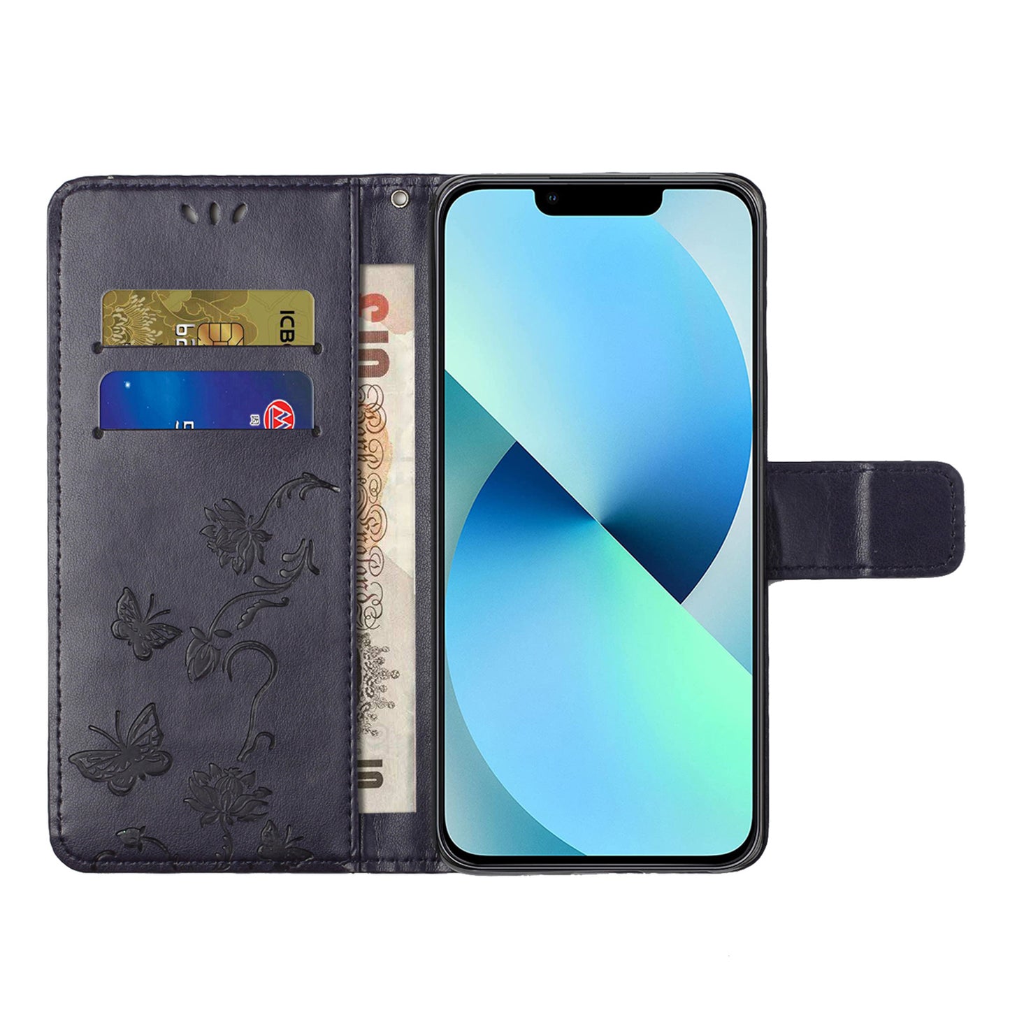 PU Leather Wallet Phone Case for iPhone 15 , Butterfly Flower Imprinted Stand Smartphone Cover - Dark Purple