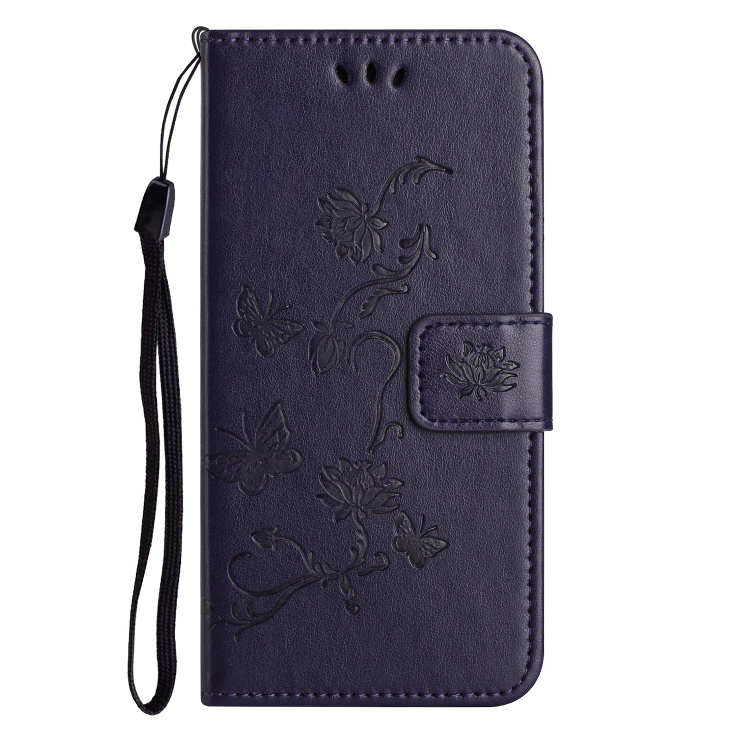 PU Leather Wallet Phone Case for iPhone 15 , Butterfly Flower Imprinted Stand Smartphone Cover - Dark Purple