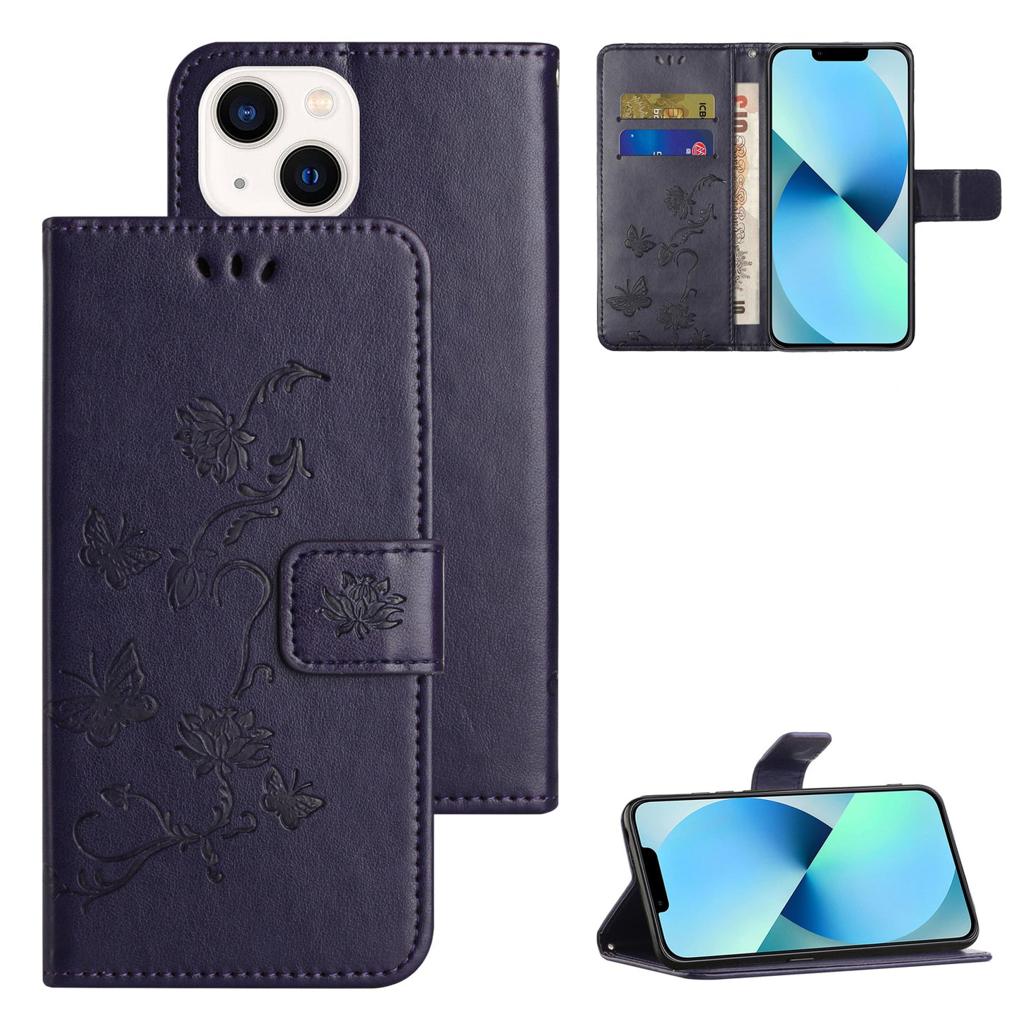 PU Leather Wallet Phone Case for iPhone 15 , Butterfly Flower Imprinted Stand Smartphone Cover - Dark Purple