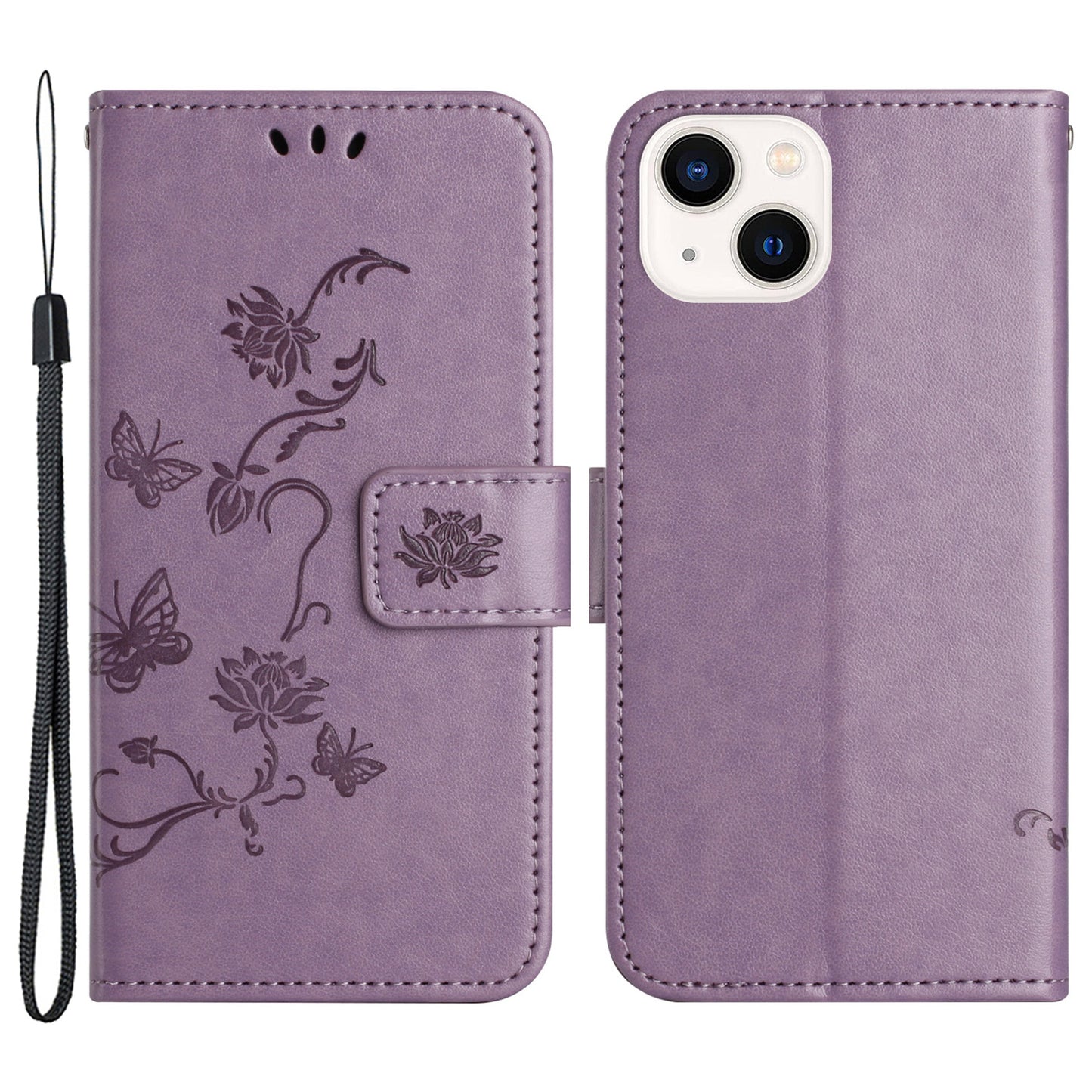 PU Leather Wallet Phone Case for iPhone 15 , Butterfly Flower Imprinted Stand Smartphone Cover - Purple