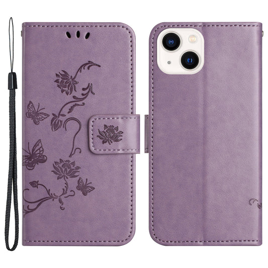 PU Leather Wallet Phone Case for iPhone 15 , Butterfly Flower Imprinted Stand Smartphone Cover - Purple