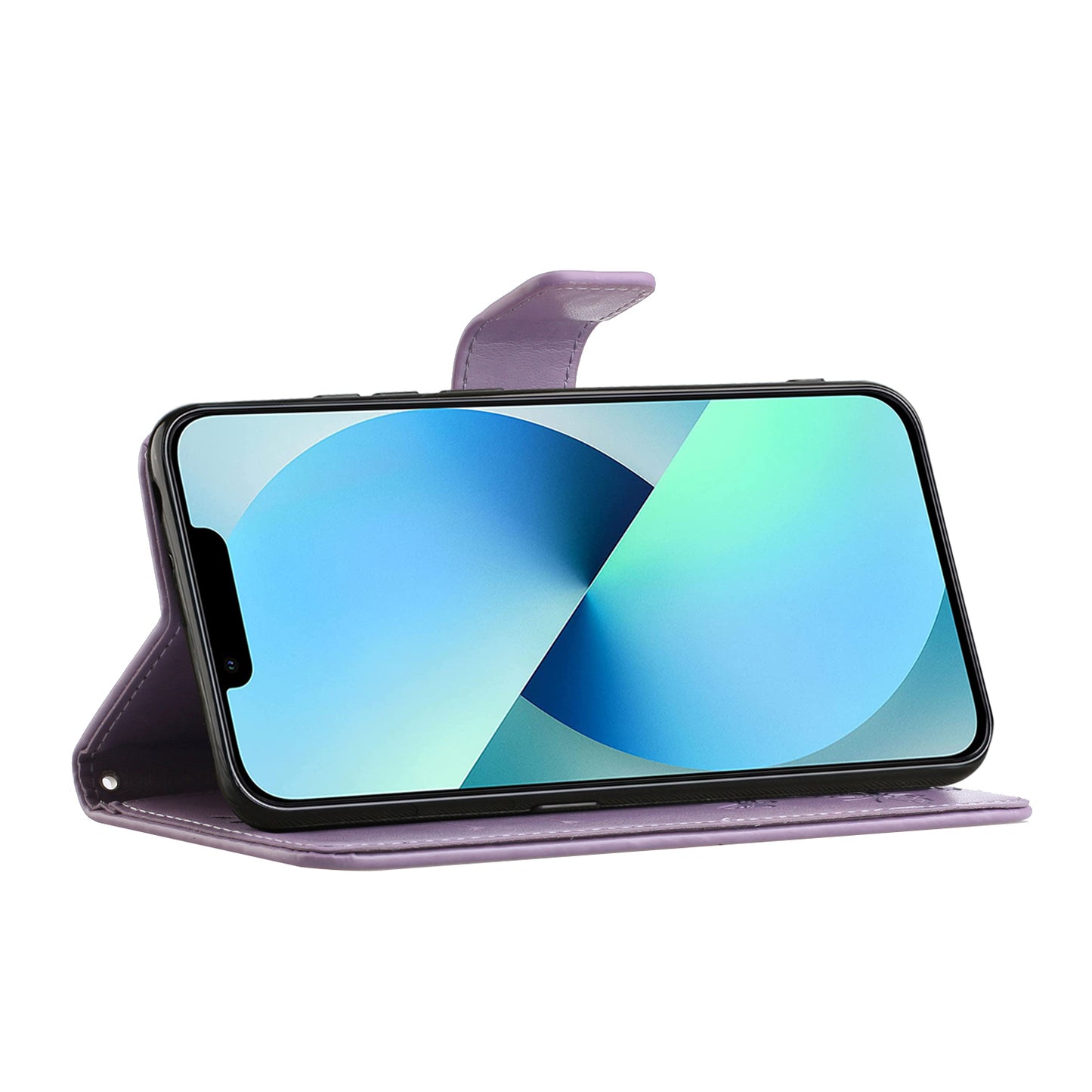 PU Leather Wallet Phone Case for iPhone 15 , Butterfly Flower Imprinted Stand Smartphone Cover - Purple
