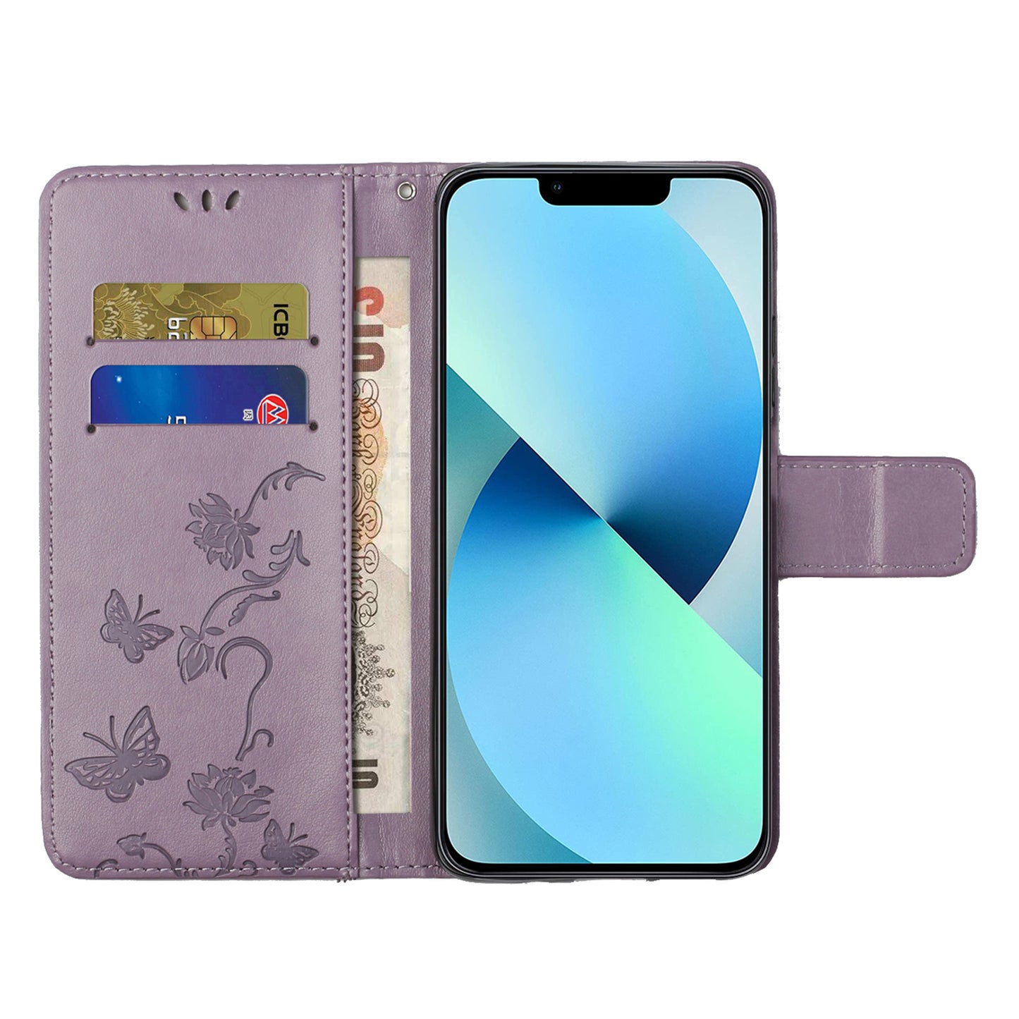 PU Leather Wallet Phone Case for iPhone 15 , Butterfly Flower Imprinted Stand Smartphone Cover - Purple