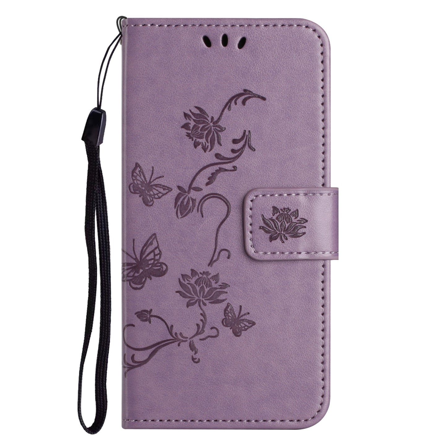 PU Leather Wallet Phone Case for iPhone 15 , Butterfly Flower Imprinted Stand Smartphone Cover - Purple