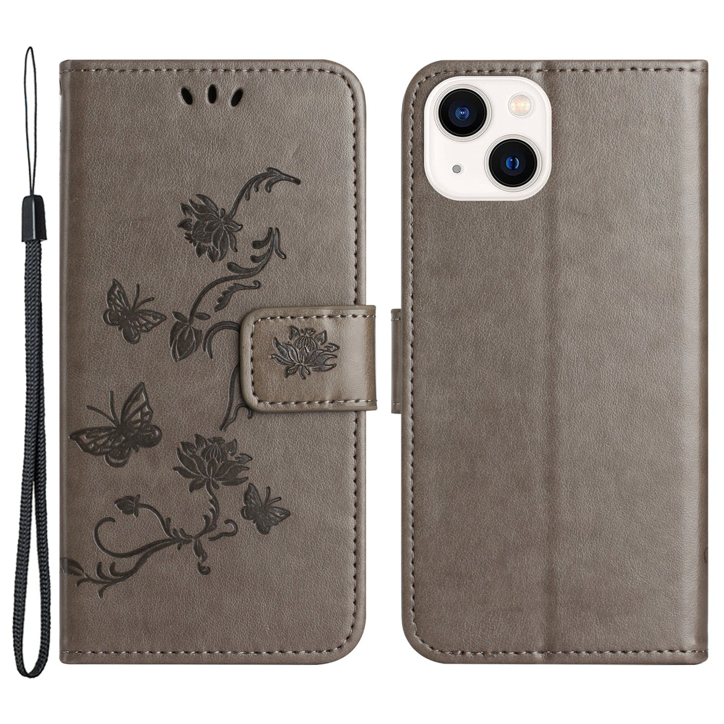 PU Leather Wallet Phone Case for iPhone 15 , Butterfly Flower Imprinted Stand Smartphone Cover - Grey