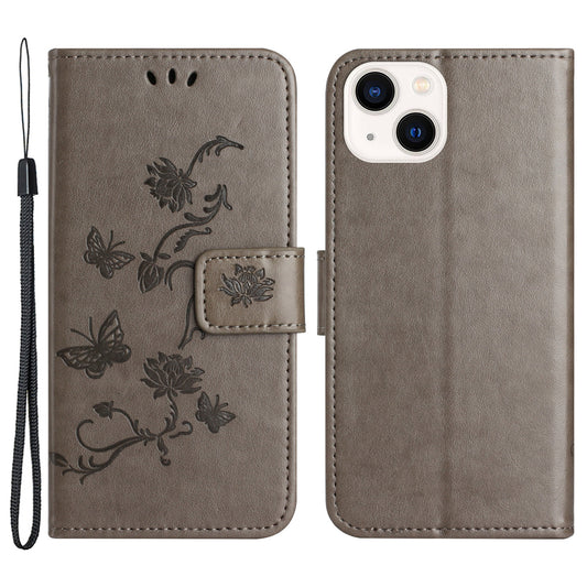 PU Leather Wallet Phone Case for iPhone 15 , Butterfly Flower Imprinted Stand Smartphone Cover - Grey