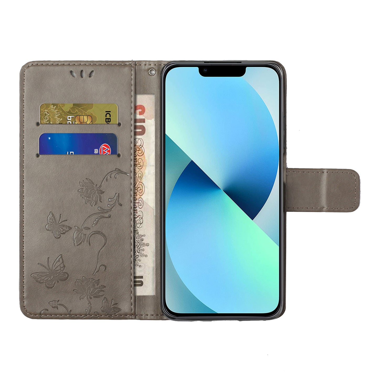 PU Leather Wallet Phone Case for iPhone 15 , Butterfly Flower Imprinted Stand Smartphone Cover - Grey