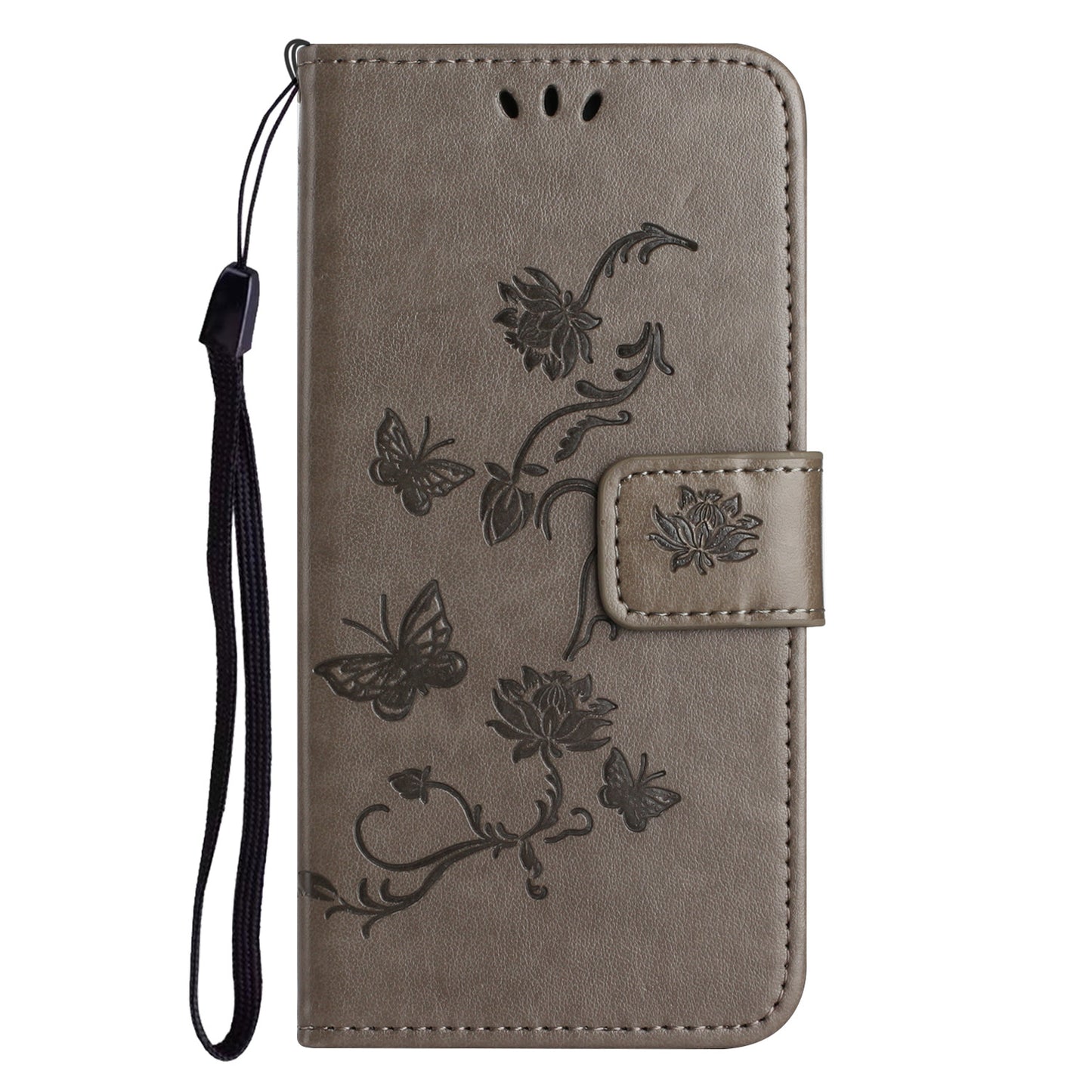 PU Leather Wallet Phone Case for iPhone 15 , Butterfly Flower Imprinted Stand Smartphone Cover - Grey