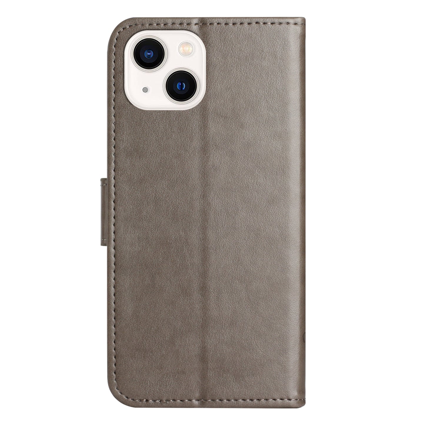 PU Leather Wallet Phone Case for iPhone 15 , Butterfly Flower Imprinted Stand Smartphone Cover - Grey
