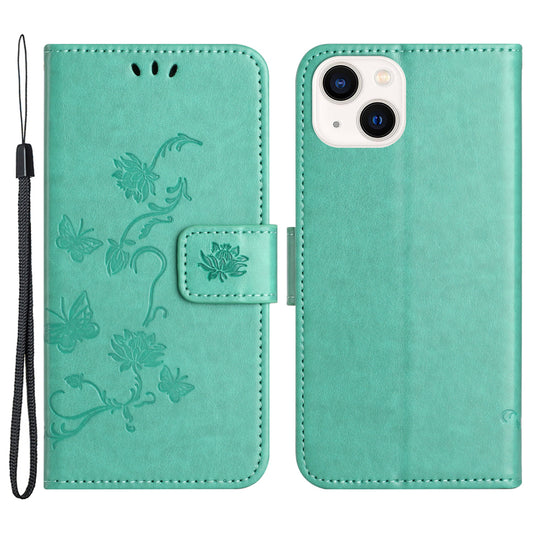 PU Leather Wallet Phone Case for iPhone 15 , Butterfly Flower Imprinted Stand Smartphone Cover - Cyan