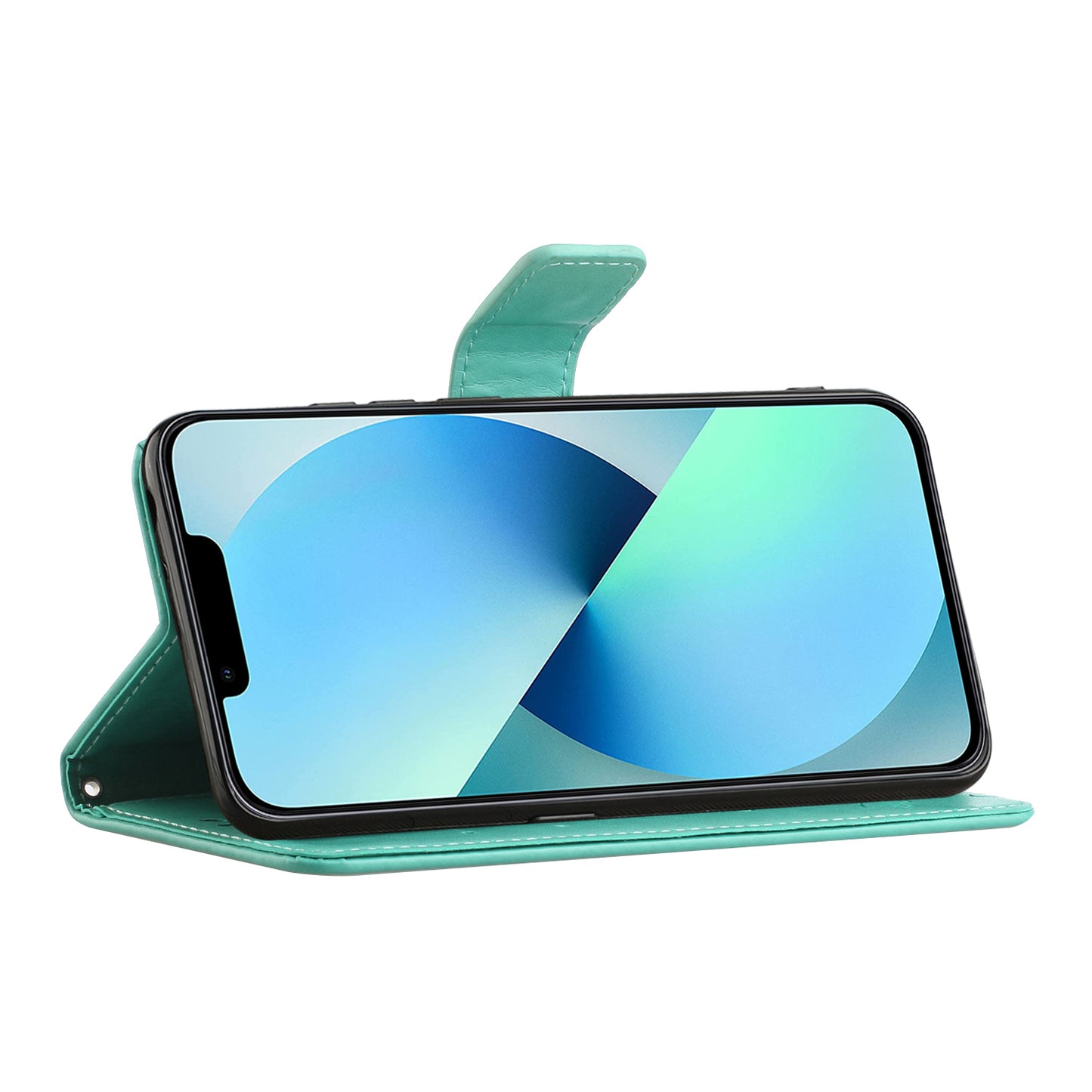 PU Leather Wallet Phone Case for iPhone 15 , Butterfly Flower Imprinted Stand Smartphone Cover - Cyan