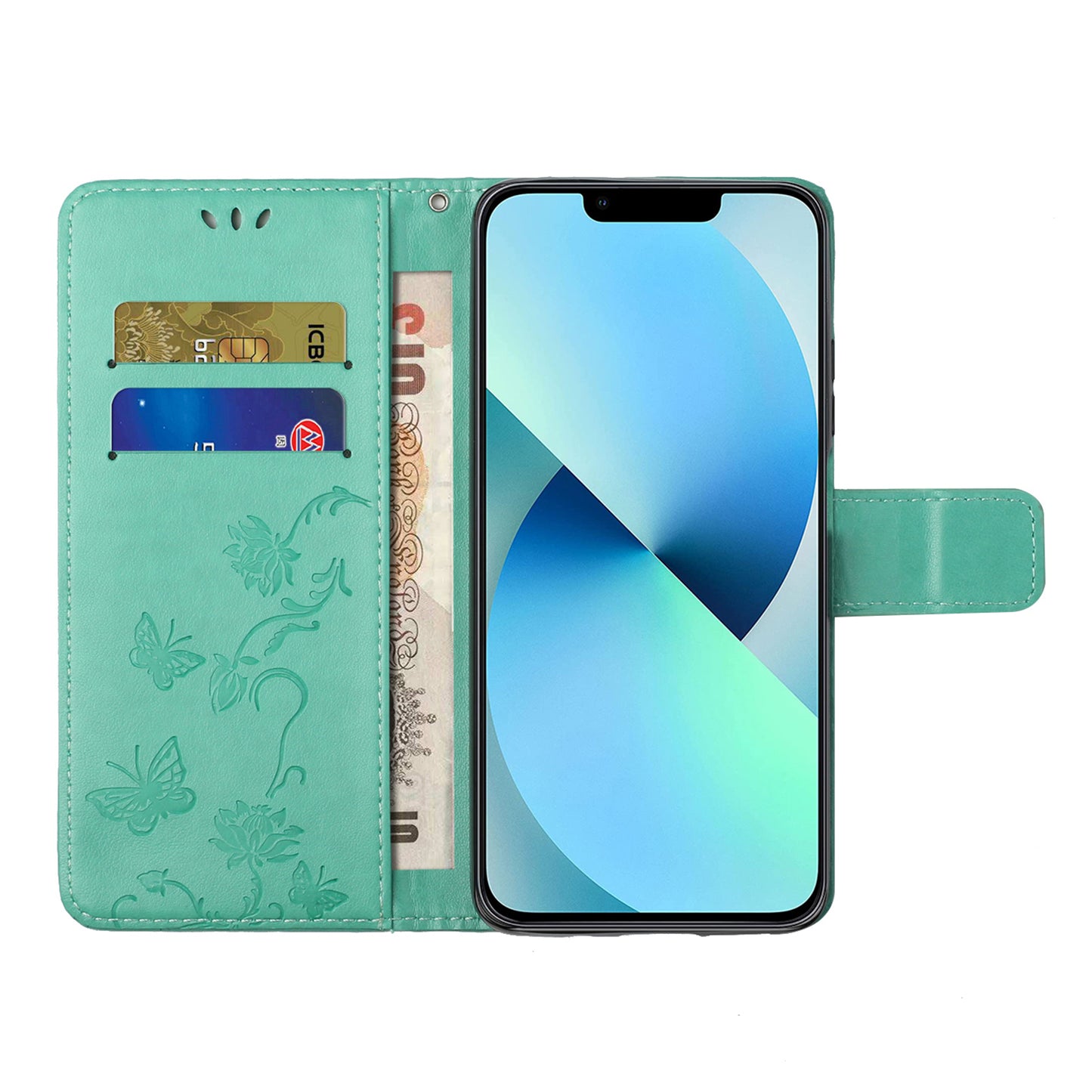 PU Leather Wallet Phone Case for iPhone 15 , Butterfly Flower Imprinted Stand Smartphone Cover - Cyan