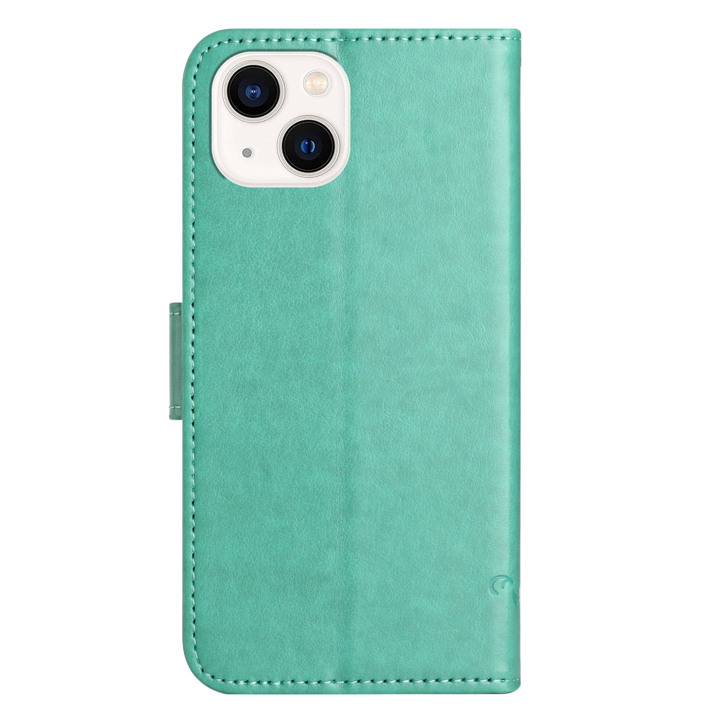 PU Leather Wallet Phone Case for iPhone 15 , Butterfly Flower Imprinted Stand Smartphone Cover - Cyan