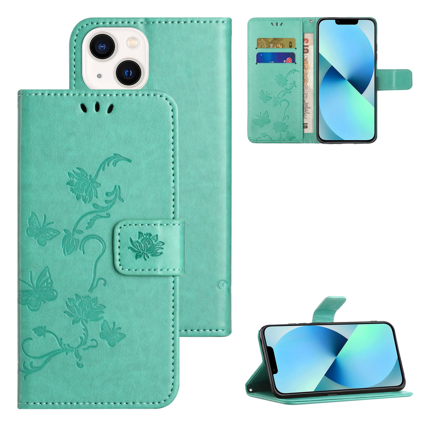 PU Leather Wallet Phone Case for iPhone 15 , Butterfly Flower Imprinted Stand Smartphone Cover - Cyan