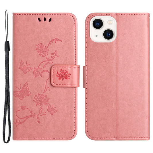 PU Leather Wallet Phone Case for iPhone 15 , Butterfly Flower Imprinted Stand Smartphone Cover - Pink