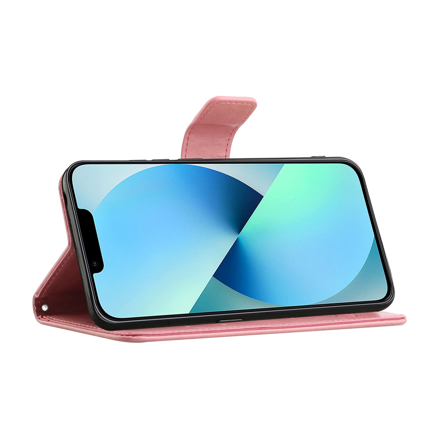 PU Leather Wallet Phone Case for iPhone 15 , Butterfly Flower Imprinted Stand Smartphone Cover - Pink