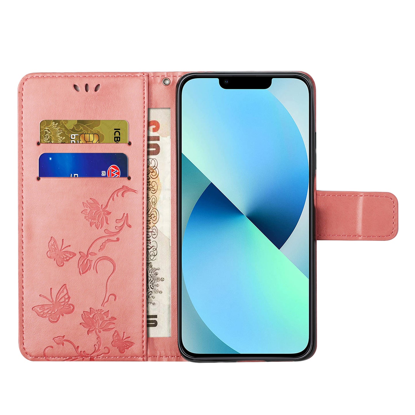 PU Leather Wallet Phone Case for iPhone 15 , Butterfly Flower Imprinted Stand Smartphone Cover - Pink