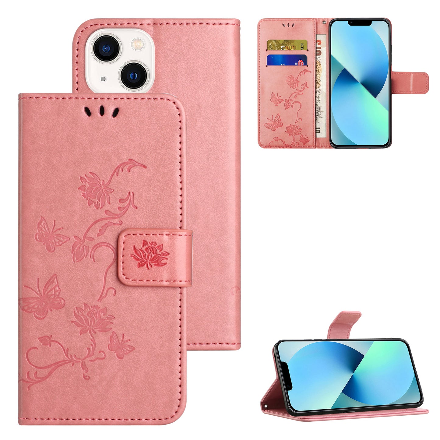 PU Leather Wallet Phone Case for iPhone 15 , Butterfly Flower Imprinted Stand Smartphone Cover - Pink