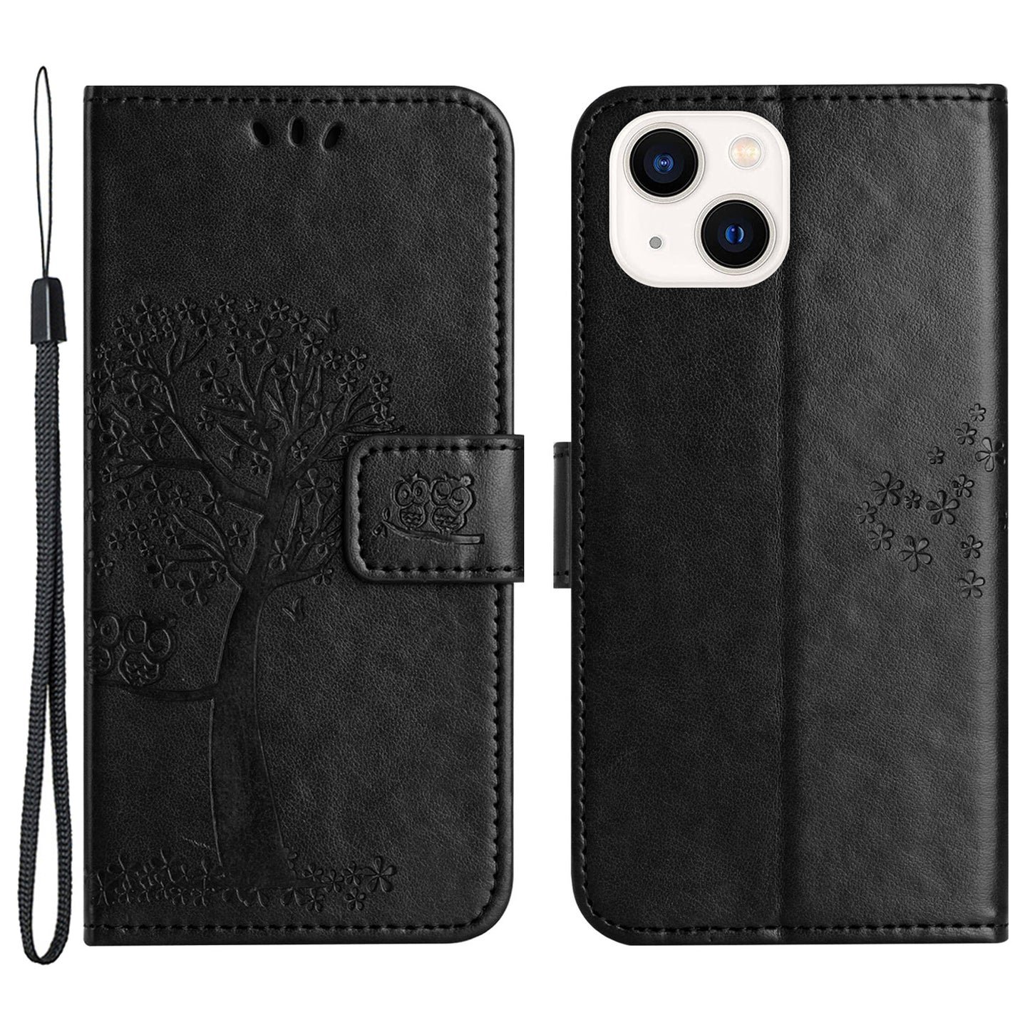 Phone Leather Case for iPhone 15 , Stand Wallet Owl Tree Imprinted Full Protection Phone Cover - Black