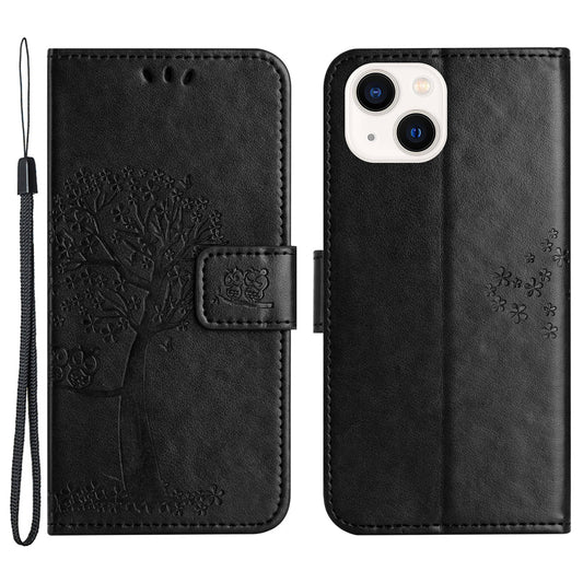 Phone Leather Case for iPhone 15 , Stand Wallet Owl Tree Imprinted Full Protection Phone Cover - Black