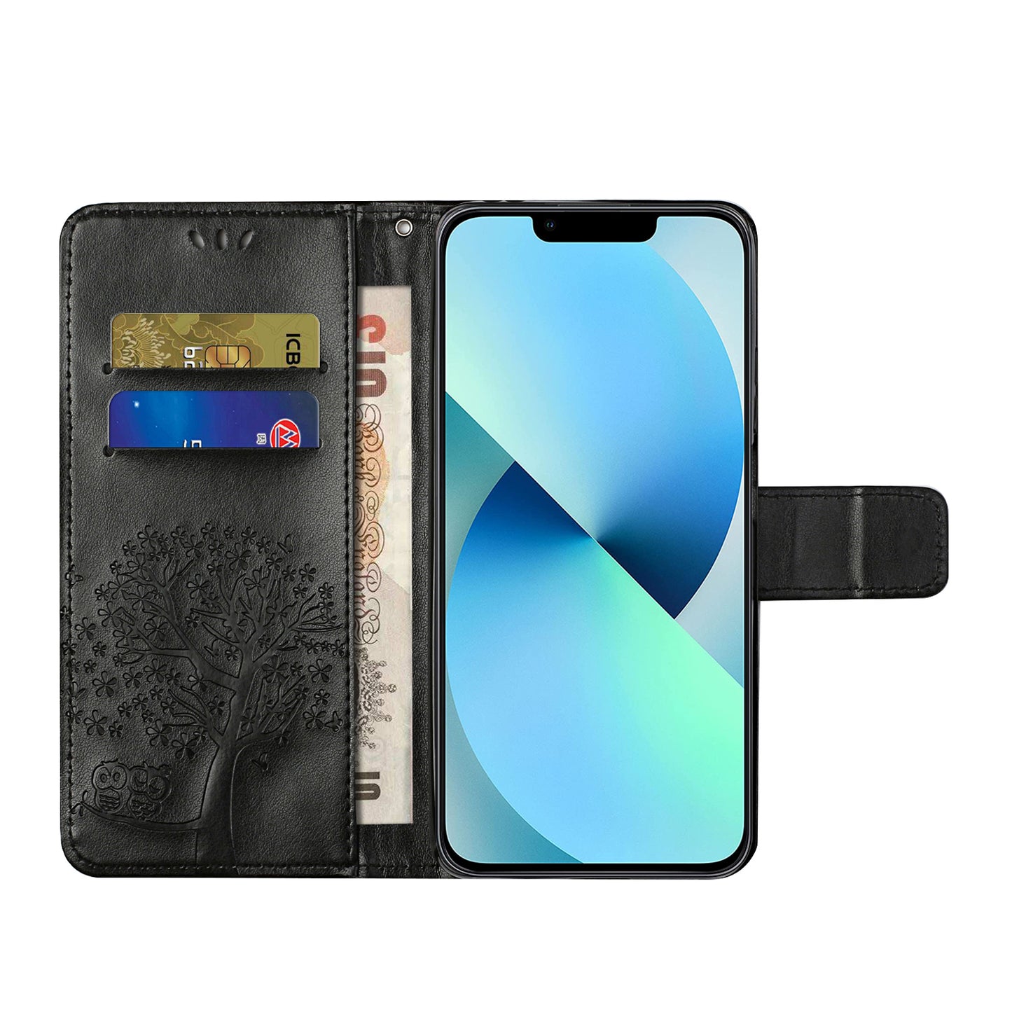 Phone Leather Case for iPhone 15 , Stand Wallet Owl Tree Imprinted Full Protection Phone Cover - Black