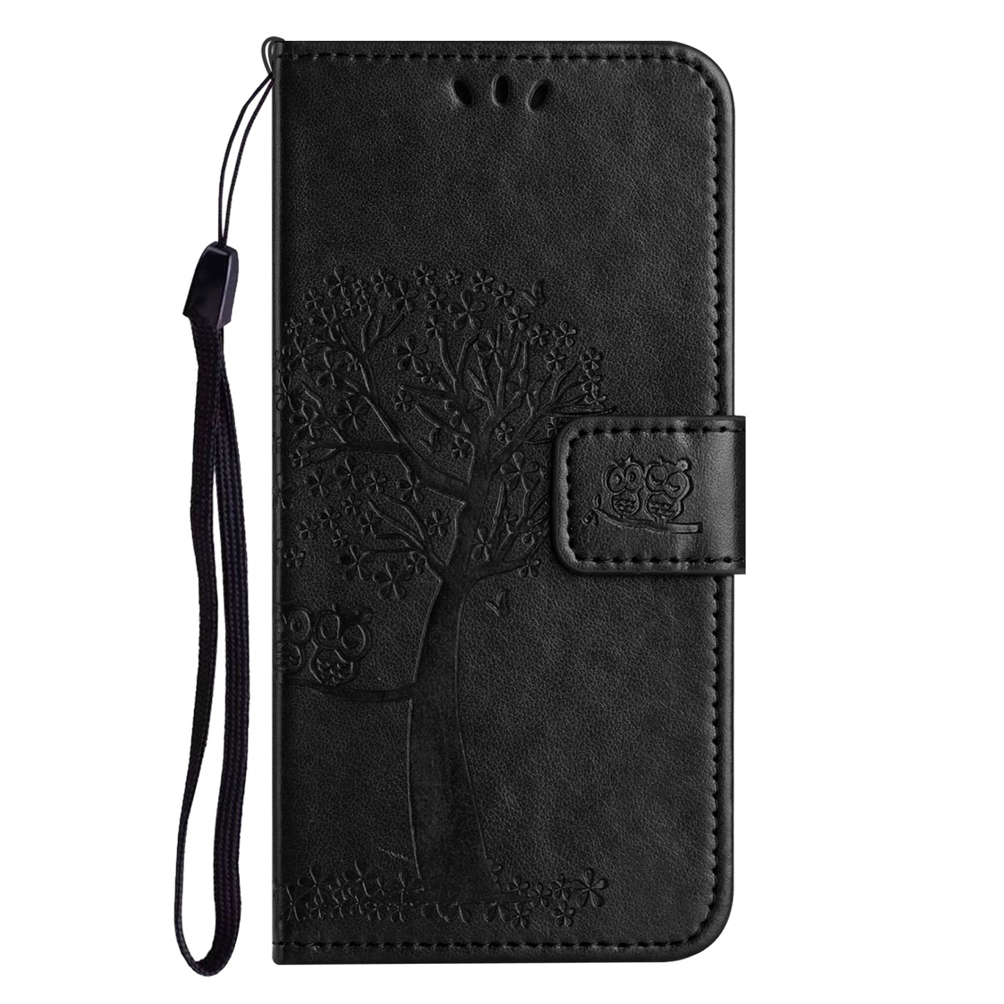 Phone Leather Case for iPhone 15 , Stand Wallet Owl Tree Imprinted Full Protection Phone Cover - Black