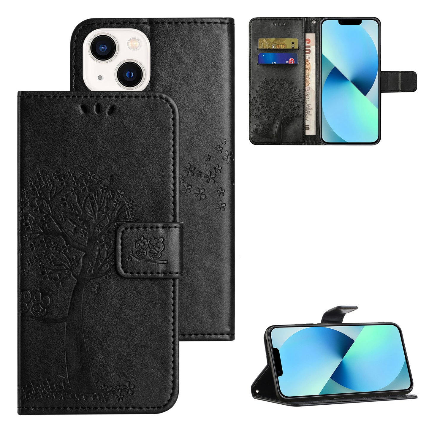 Phone Leather Case for iPhone 15 , Stand Wallet Owl Tree Imprinted Full Protection Phone Cover - Black