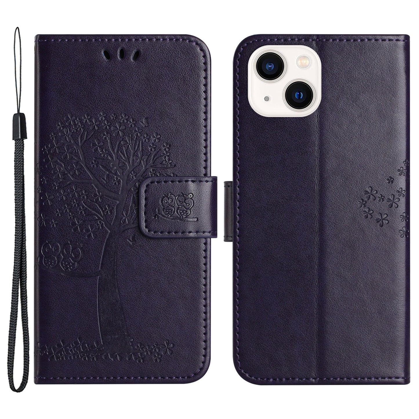 Phone Leather Case for iPhone 15 , Stand Wallet Owl Tree Imprinted Full Protection Phone Cover - Dark Purple