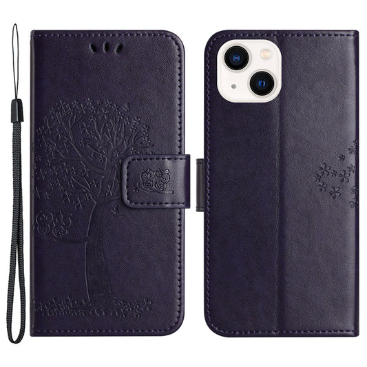 Phone Leather Case for iPhone 15 , Stand Wallet Owl Tree Imprinted Full Protection Phone Cover - Dark Purple