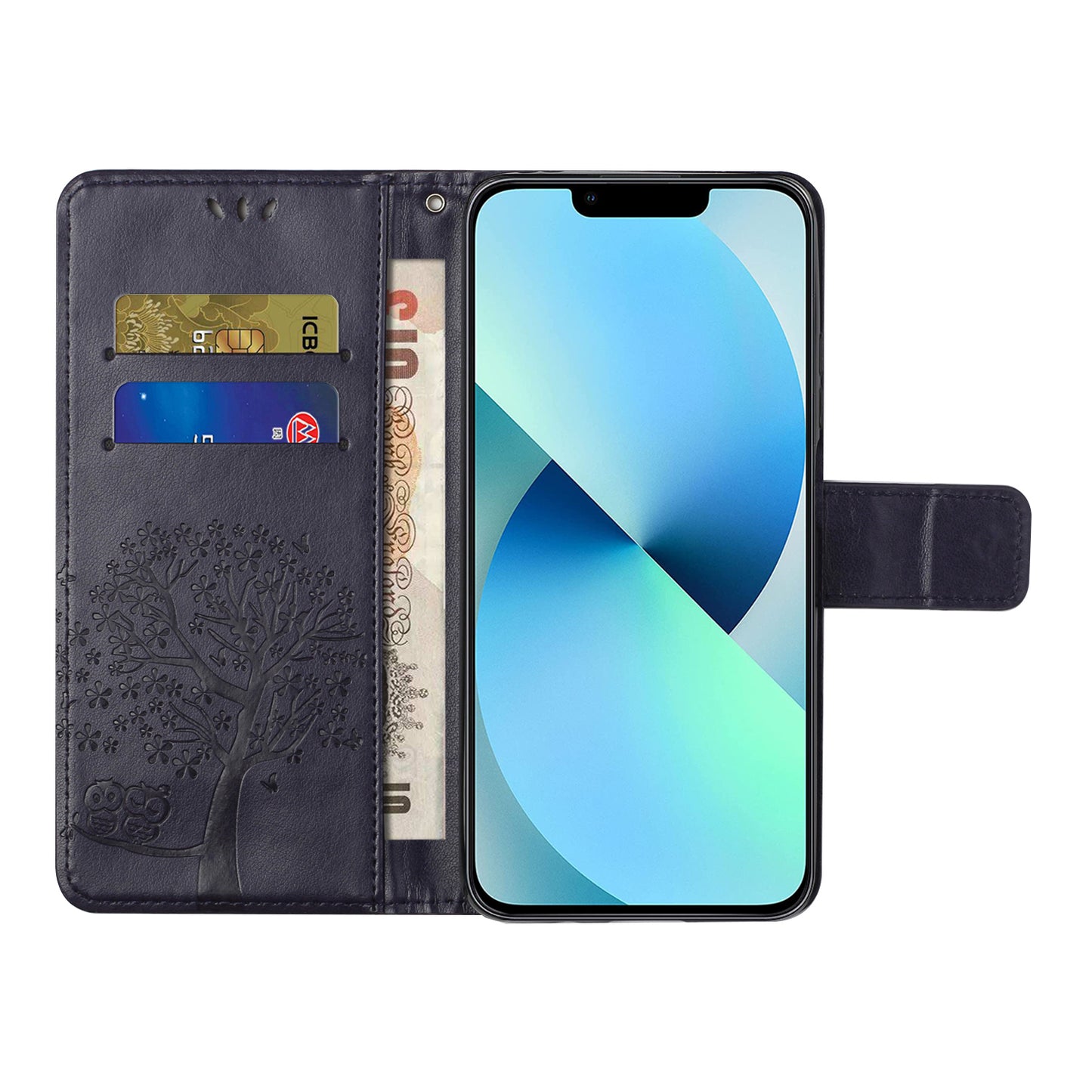 Phone Leather Case for iPhone 15 , Stand Wallet Owl Tree Imprinted Full Protection Phone Cover - Dark Purple