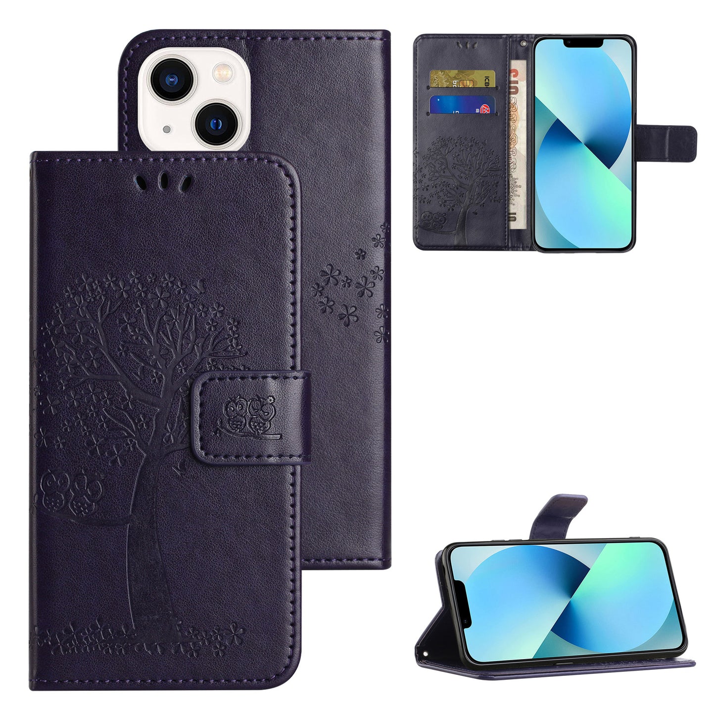 Phone Leather Case for iPhone 15 , Stand Wallet Owl Tree Imprinted Full Protection Phone Cover - Dark Purple