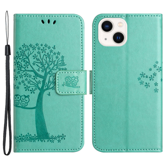 Phone Leather Case for iPhone 15 , Stand Wallet Owl Tree Imprinted Full Protection Phone Cover - Cyan