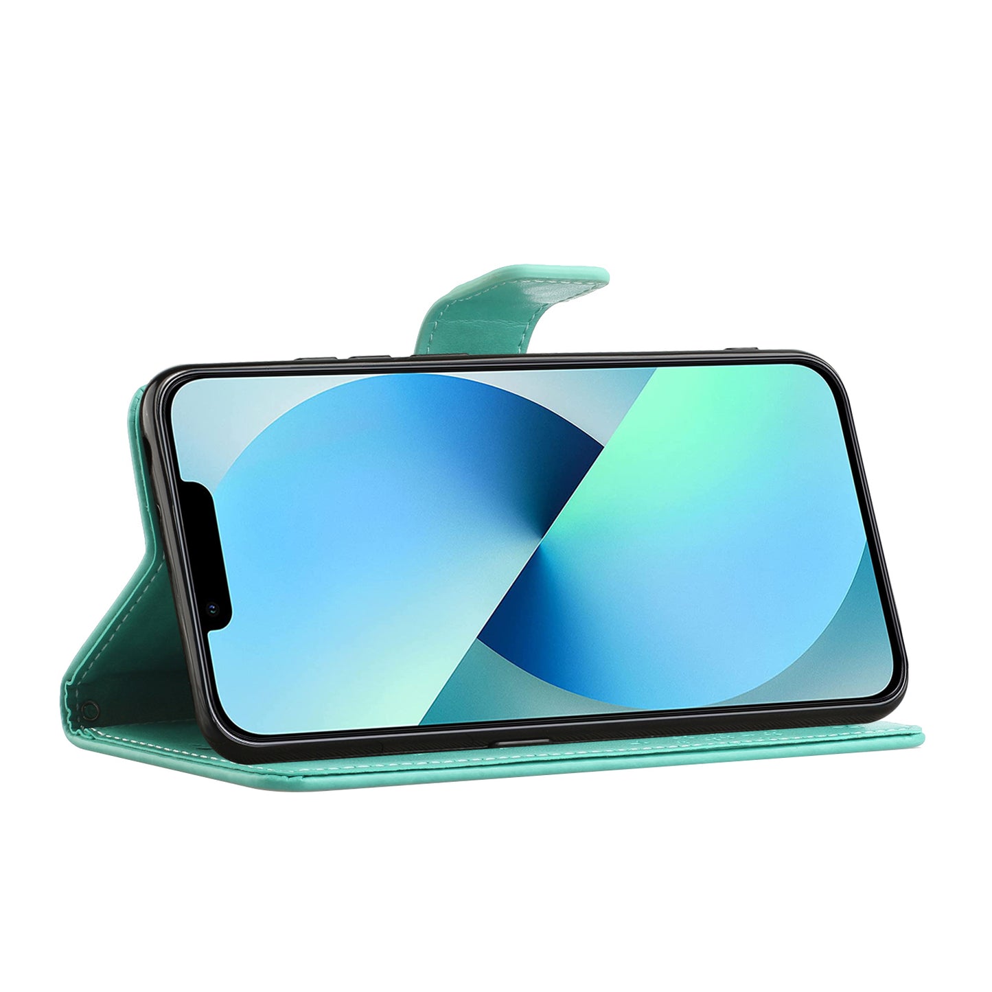 Phone Leather Case for iPhone 15 , Stand Wallet Owl Tree Imprinted Full Protection Phone Cover - Cyan