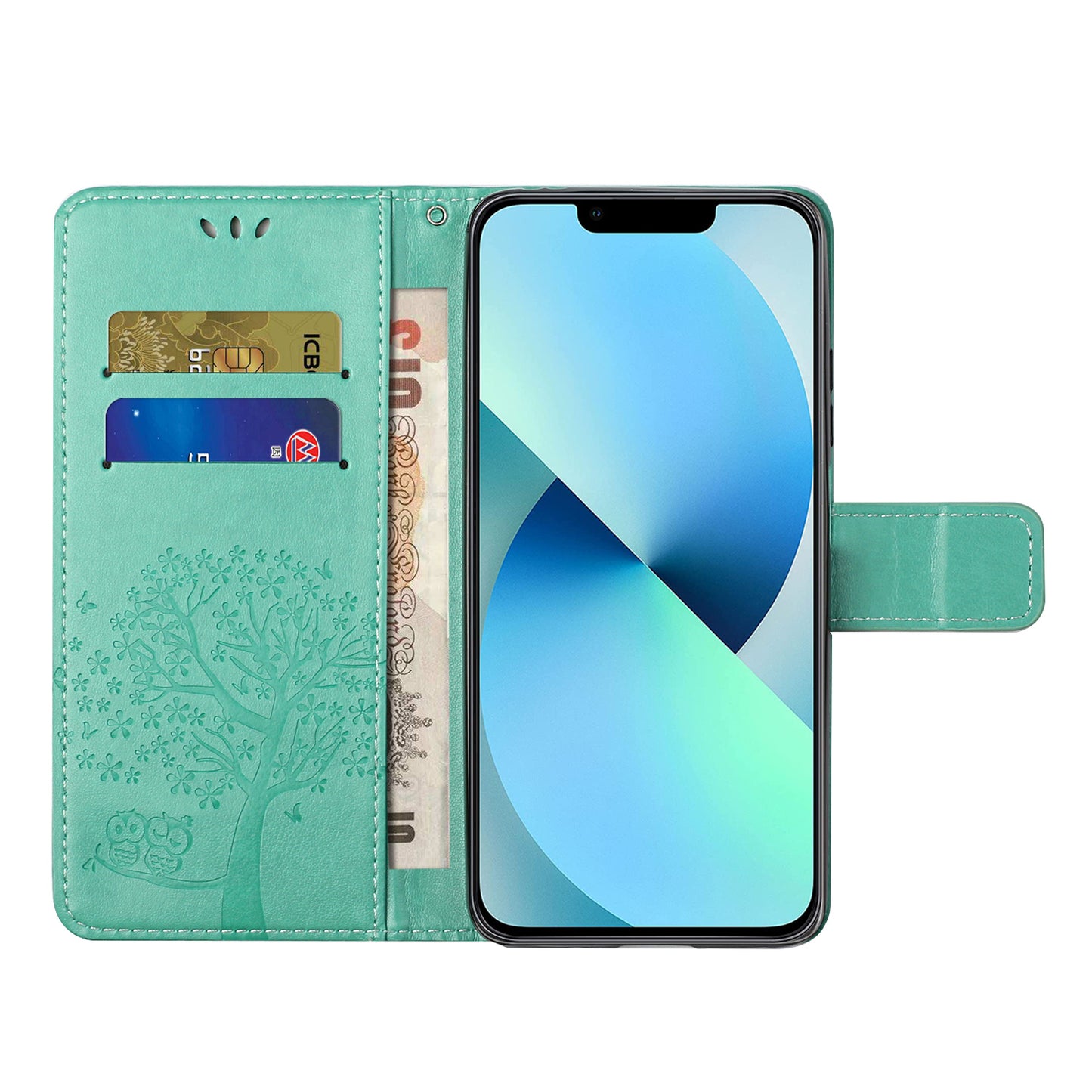 Phone Leather Case for iPhone 15 , Stand Wallet Owl Tree Imprinted Full Protection Phone Cover - Cyan