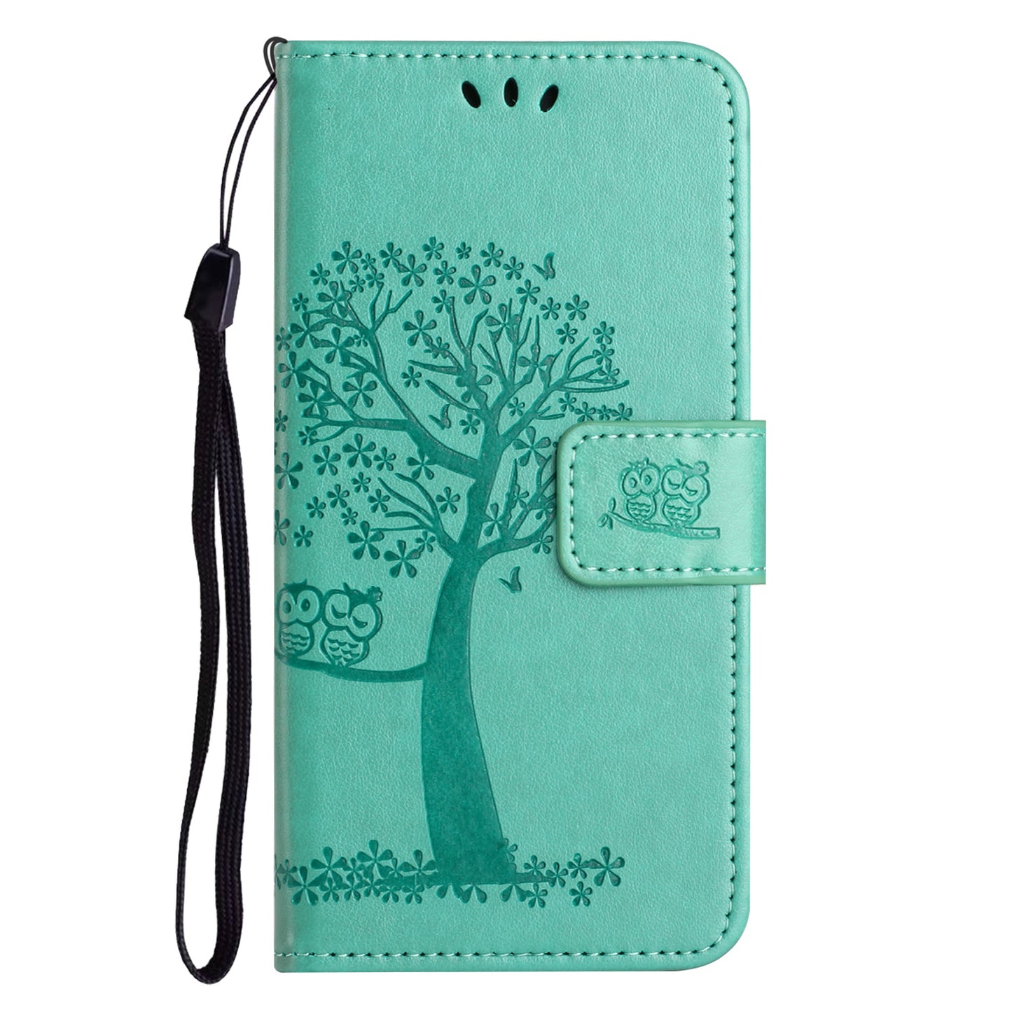 Phone Leather Case for iPhone 15 , Stand Wallet Owl Tree Imprinted Full Protection Phone Cover - Cyan
