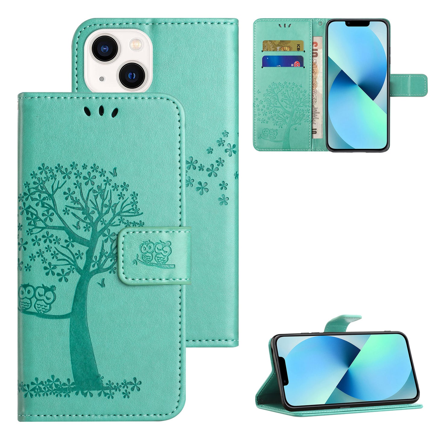 Phone Leather Case for iPhone 15 , Stand Wallet Owl Tree Imprinted Full Protection Phone Cover - Cyan