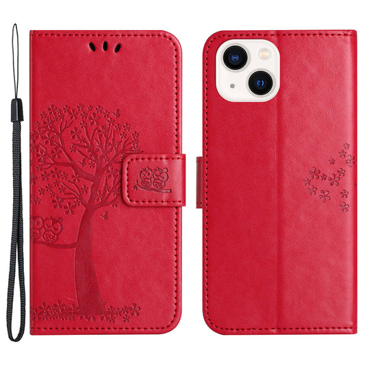 Phone Leather Case for iPhone 15 , Stand Wallet Owl Tree Imprinted Full Protection Phone Cover - Red