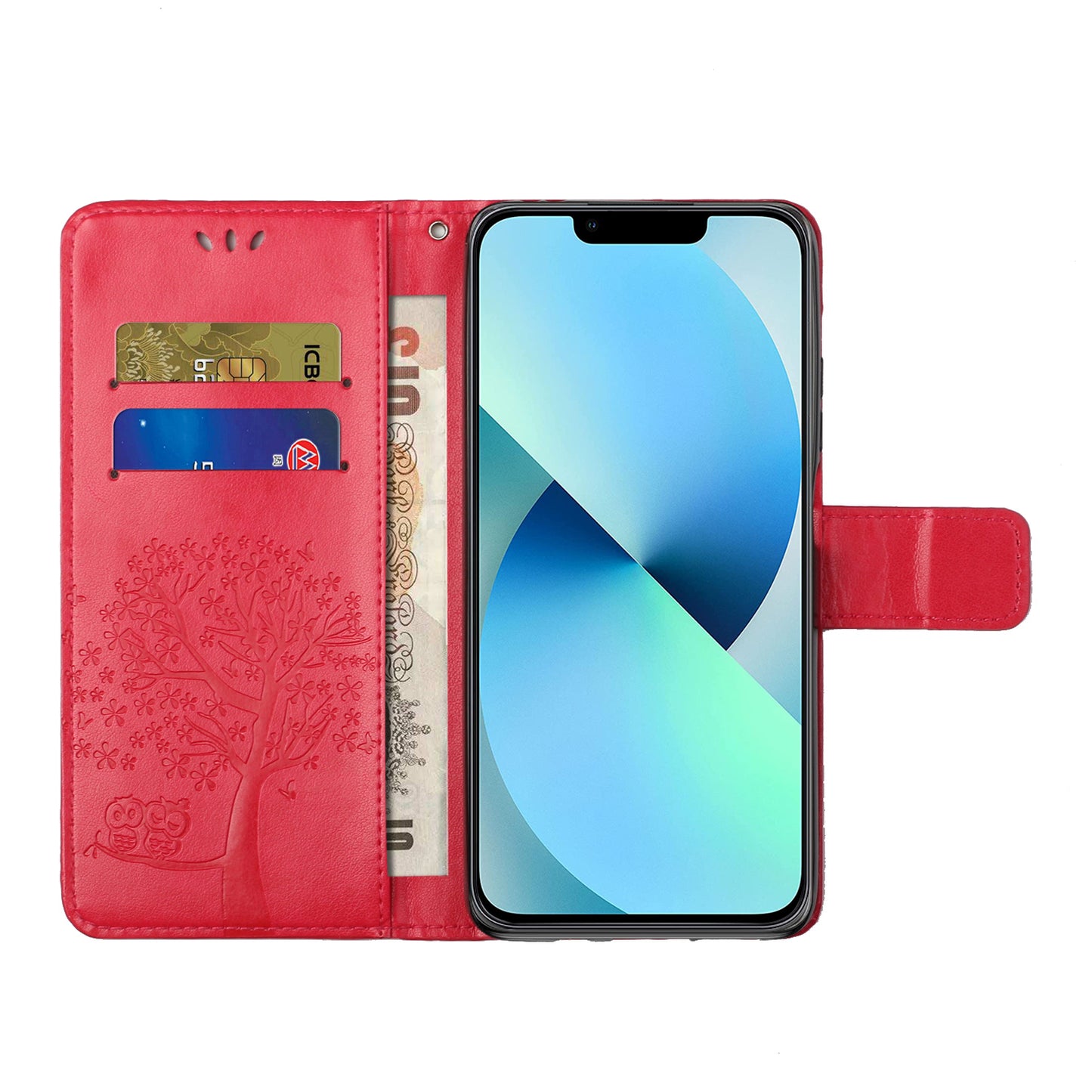 Phone Leather Case for iPhone 15 , Stand Wallet Owl Tree Imprinted Full Protection Phone Cover - Red