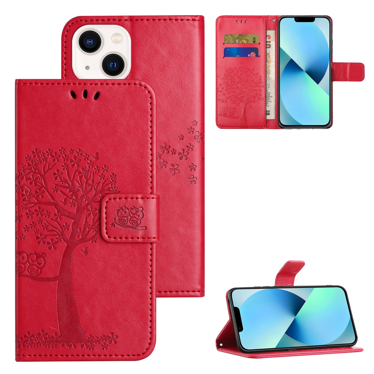 Phone Leather Case for iPhone 15 , Stand Wallet Owl Tree Imprinted Full Protection Phone Cover - Red