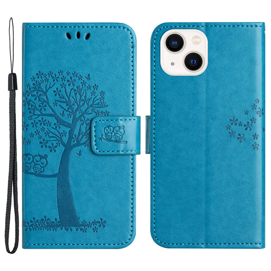 Phone Leather Case for iPhone 15 , Stand Wallet Owl Tree Imprinted Full Protection Phone Cover - Blue