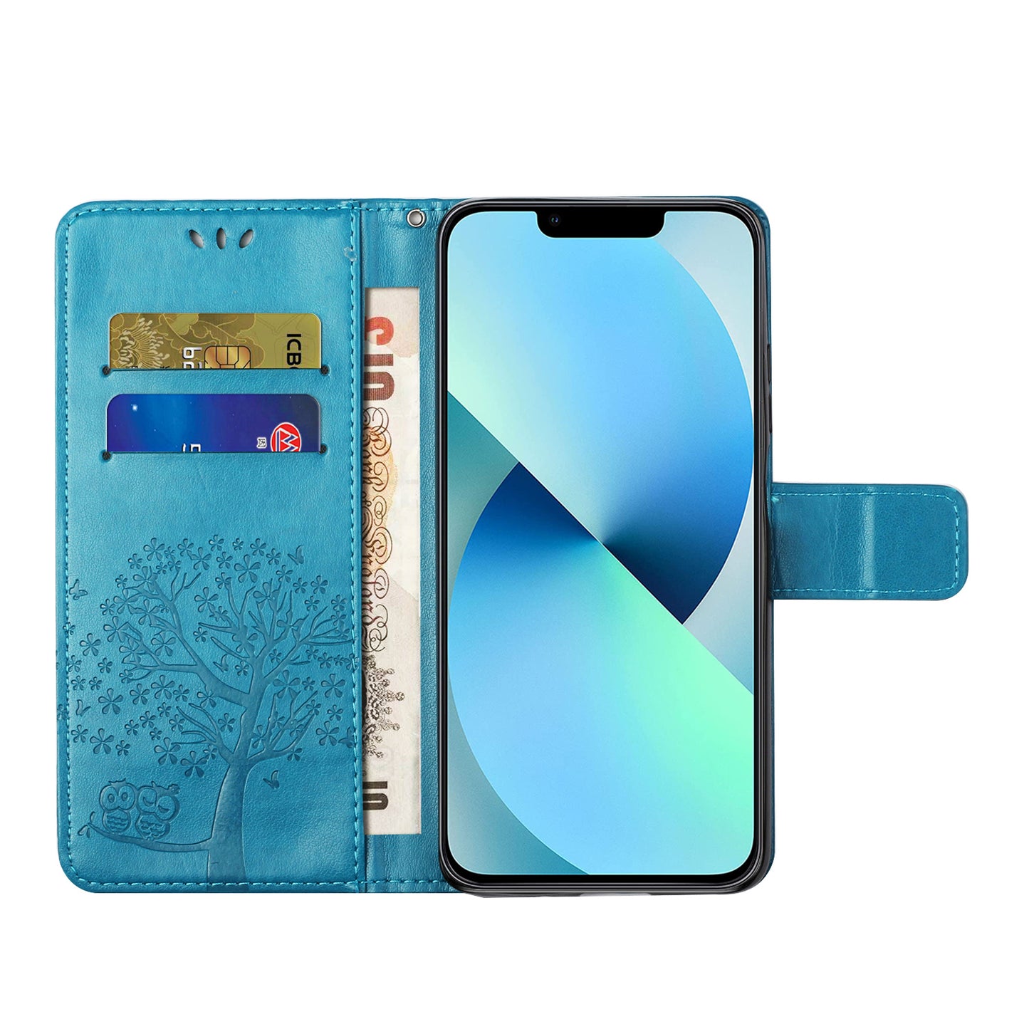 Phone Leather Case for iPhone 15 , Stand Wallet Owl Tree Imprinted Full Protection Phone Cover - Blue