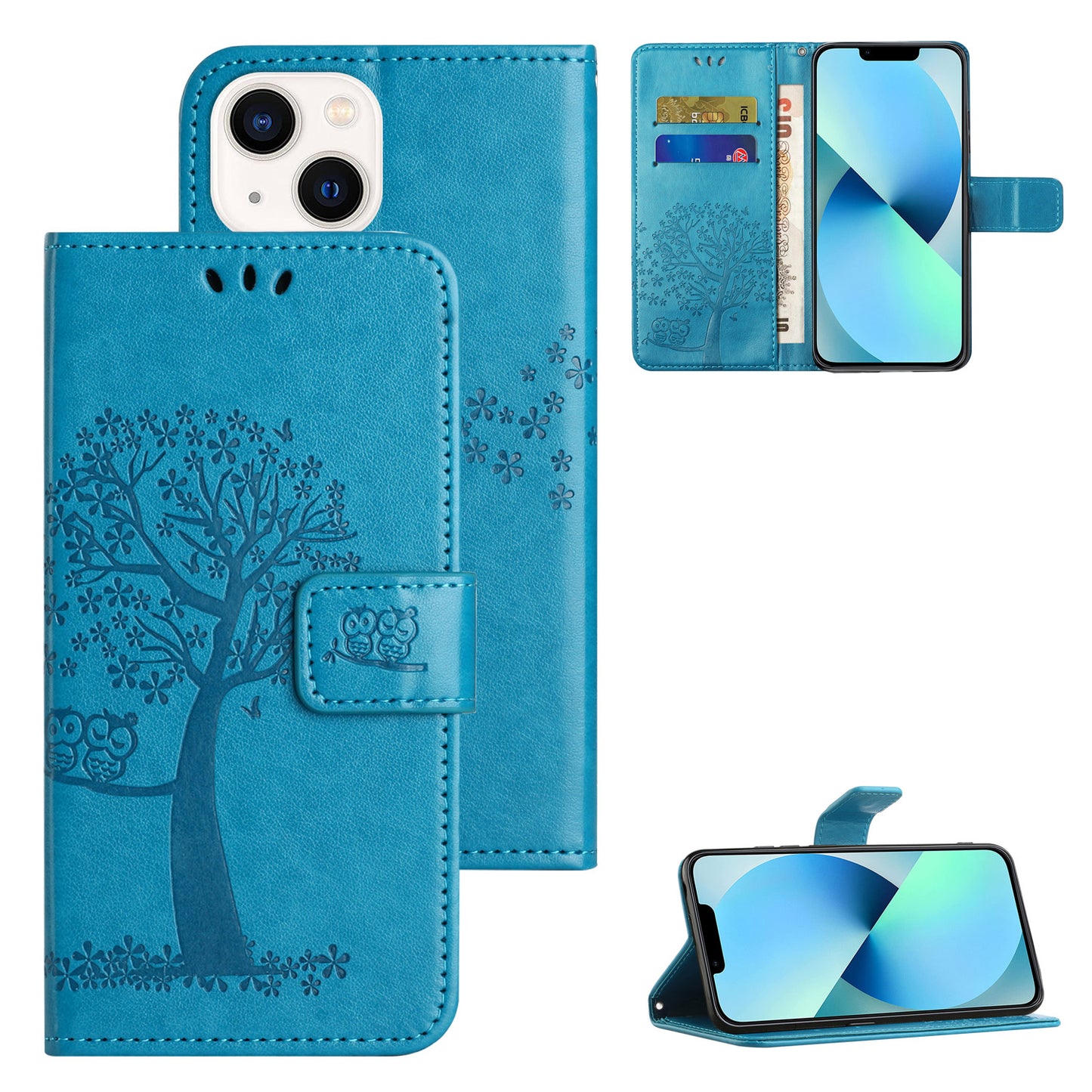 Phone Leather Case for iPhone 15 , Stand Wallet Owl Tree Imprinted Full Protection Phone Cover - Blue