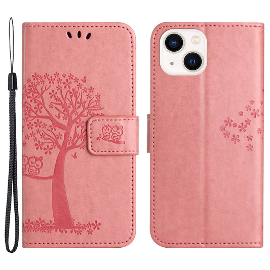 Phone Leather Case for iPhone 15 , Stand Wallet Owl Tree Imprinted Full Protection Phone Cover - Pink