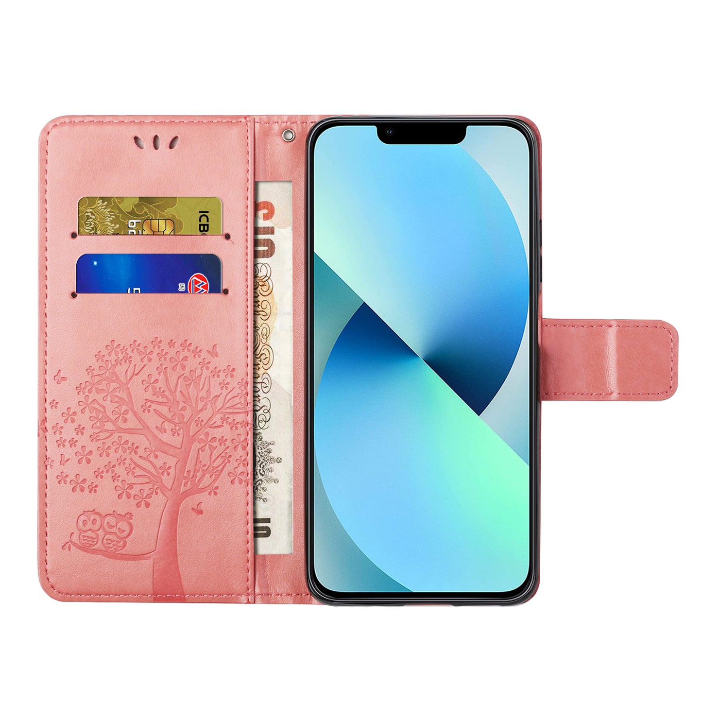 Phone Leather Case for iPhone 15 , Stand Wallet Owl Tree Imprinted Full Protection Phone Cover - Pink