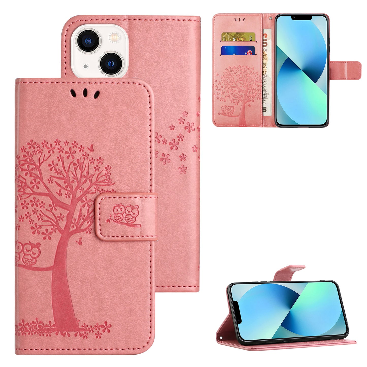 Phone Leather Case for iPhone 15 , Stand Wallet Owl Tree Imprinted Full Protection Phone Cover - Pink