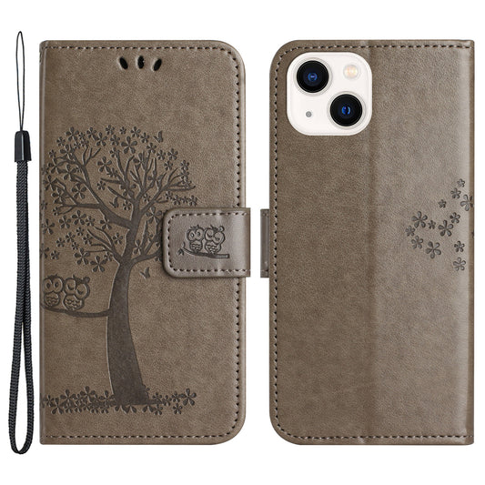 Phone Leather Case for iPhone 15 , Stand Wallet Owl Tree Imprinted Full Protection Phone Cover - Grey