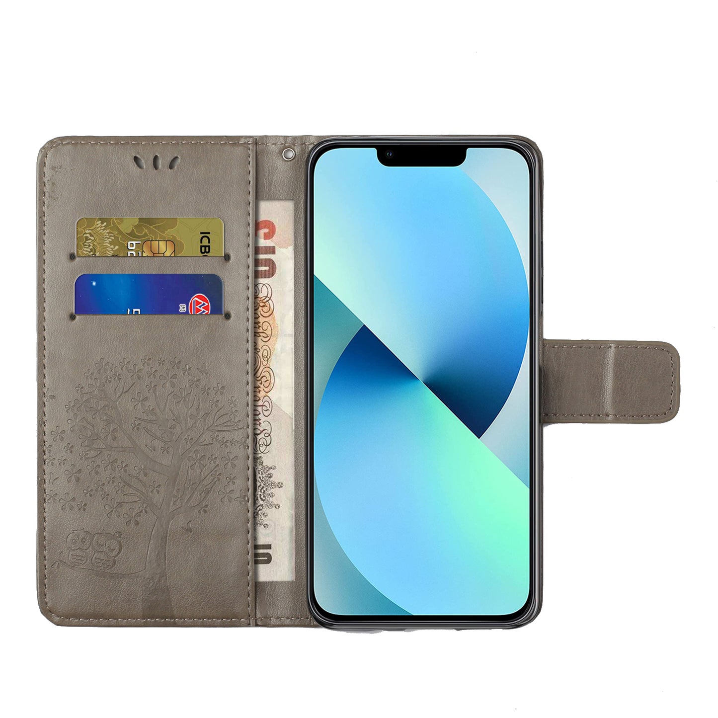 Phone Leather Case for iPhone 15 , Stand Wallet Owl Tree Imprinted Full Protection Phone Cover - Grey