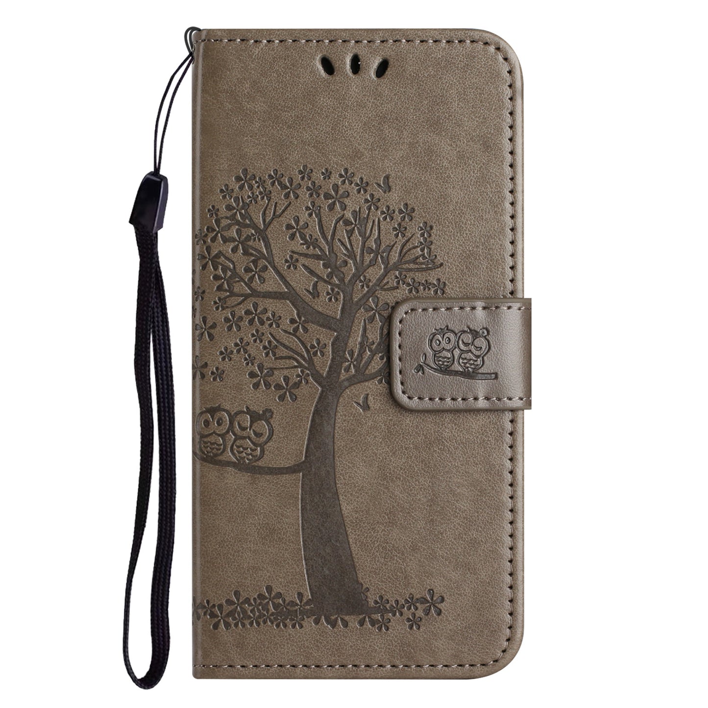 Phone Leather Case for iPhone 15 , Stand Wallet Owl Tree Imprinted Full Protection Phone Cover - Grey