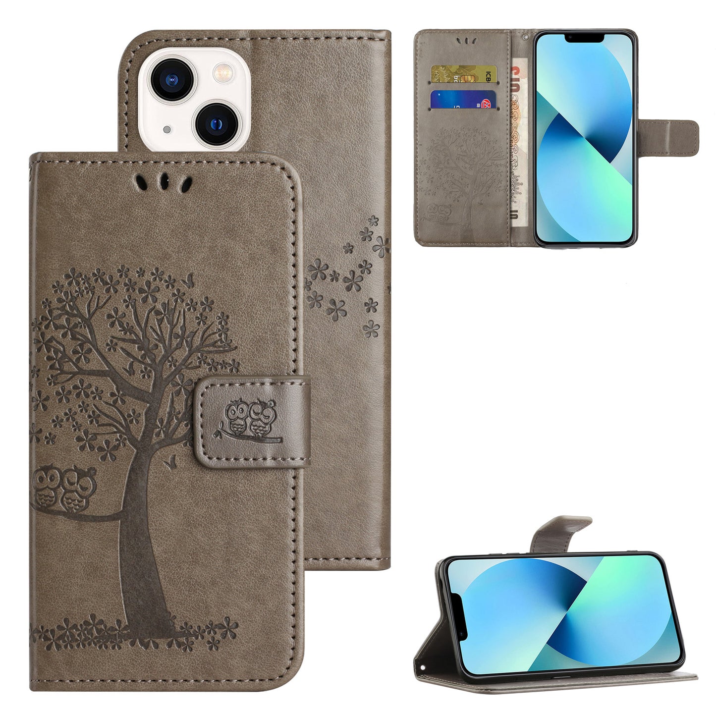Phone Leather Case for iPhone 15 , Stand Wallet Owl Tree Imprinted Full Protection Phone Cover - Grey