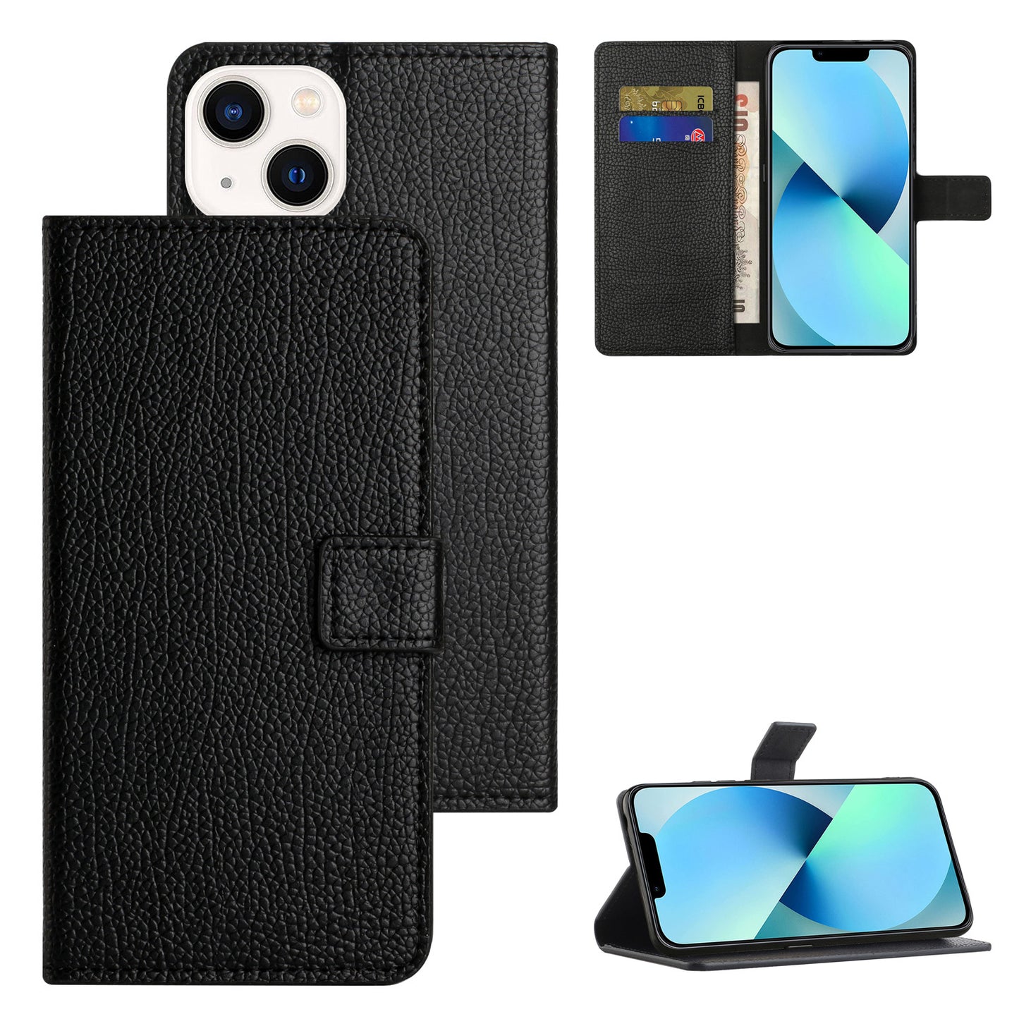 Litchi Texture PU Leather Phone Case for iPhone 15 ,  Wallet Stand Anti-drop Cover - Black